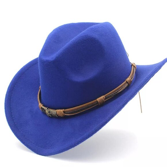 Blue Western Cowboy Cowgirl Hat, Skull Ace Band, Felt Wide Brim Men Women Rodeo - Picture 1 of 4